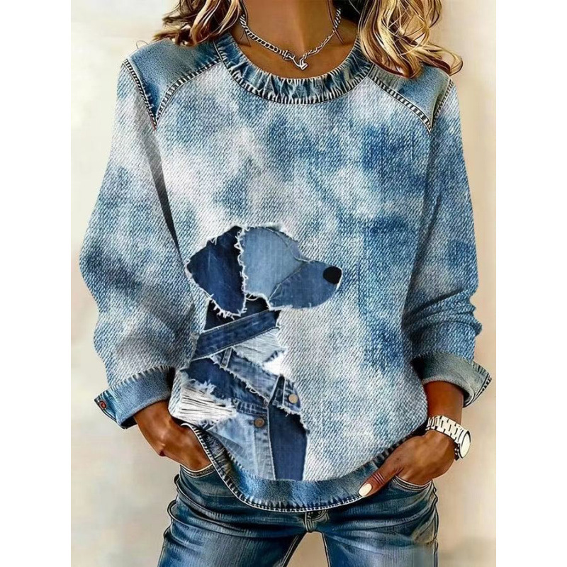 3D Print Colorblock Denim Collar Pullover Sweatshirt Women's Long Sleeve Loose Fit