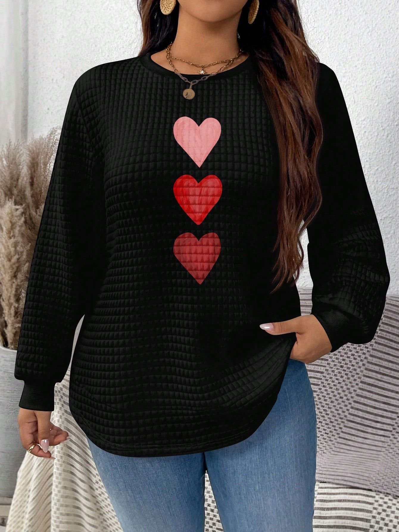 Waffle Knit Heart Print Crewneck Sweatshirt for Women