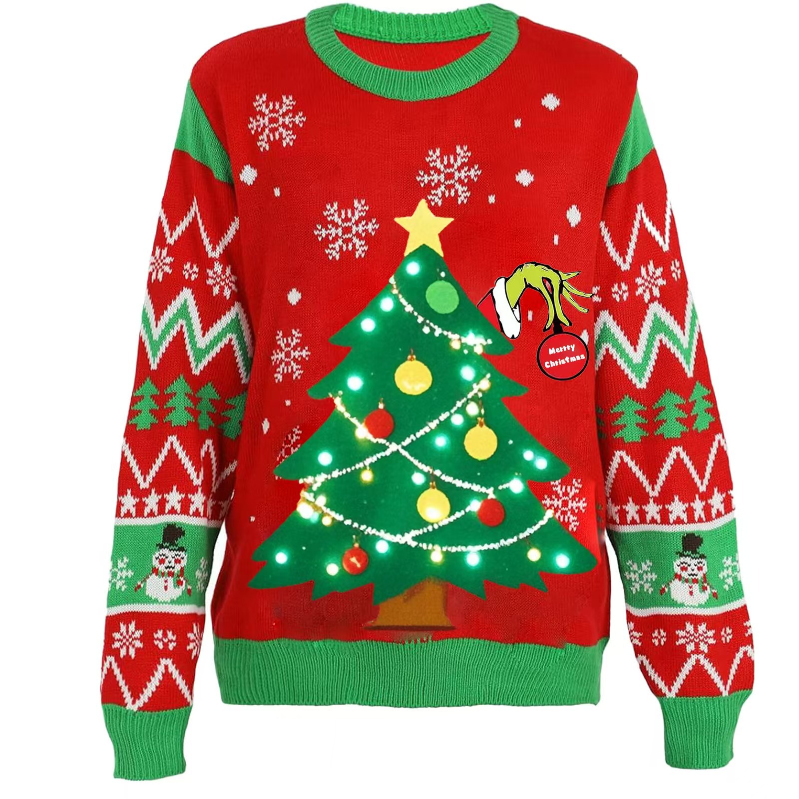 Christmas Couple Long Sleeve Jacquard Sweater with Christmas Tree and Light Bulb Crewneck Pullover