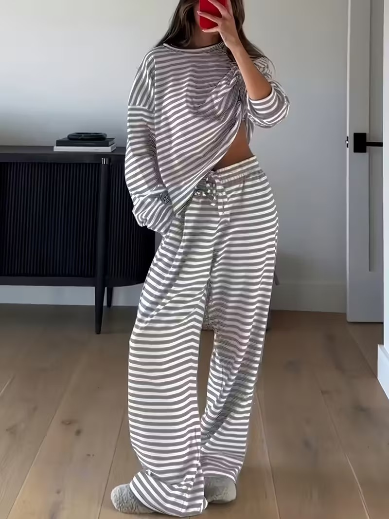 Striped Long-Sleeve Top and High-Waist Pants Casual Set