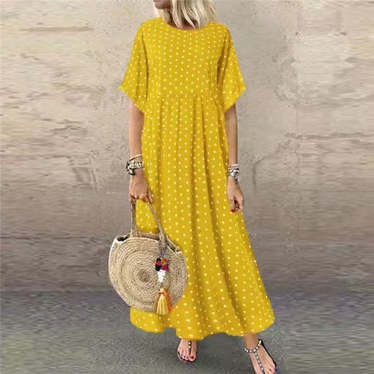 Polka Dot A-Line Midi Dress Plus Size Short Sleeve Round Neck