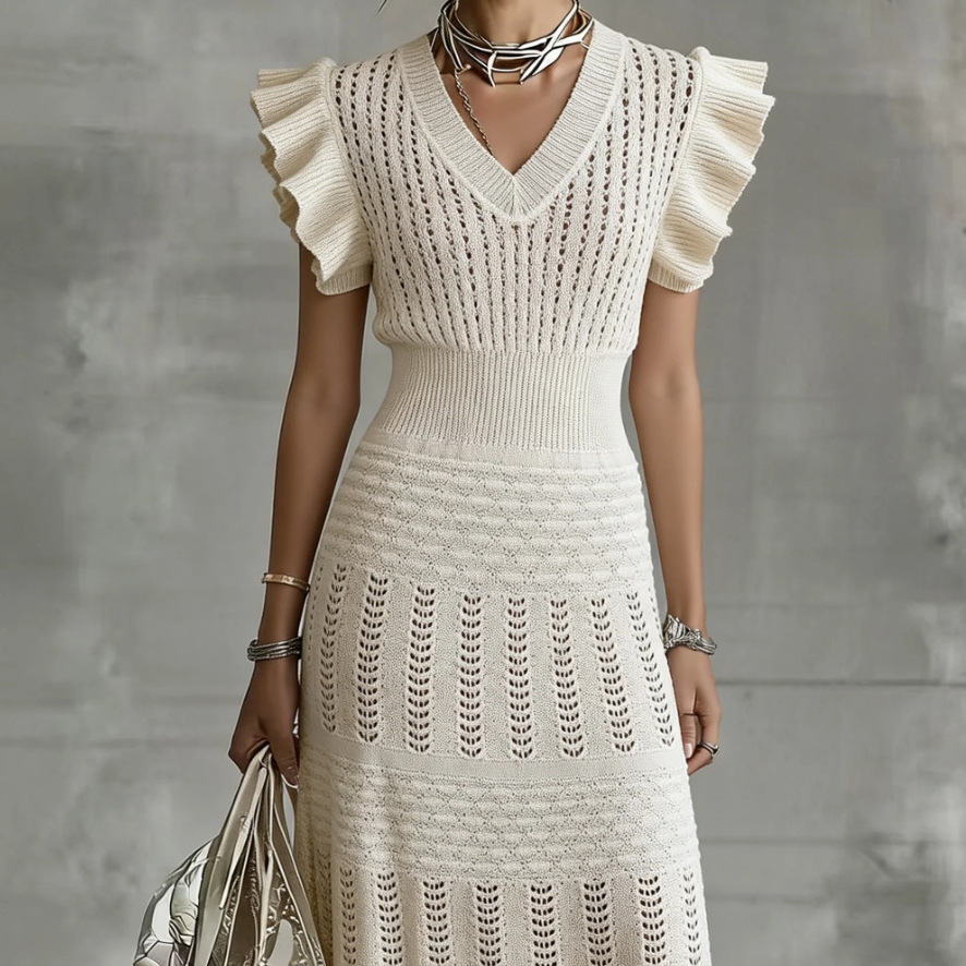 Women's V-Neck Ruffle Short Sleeve High Waist Midi Knit Dress