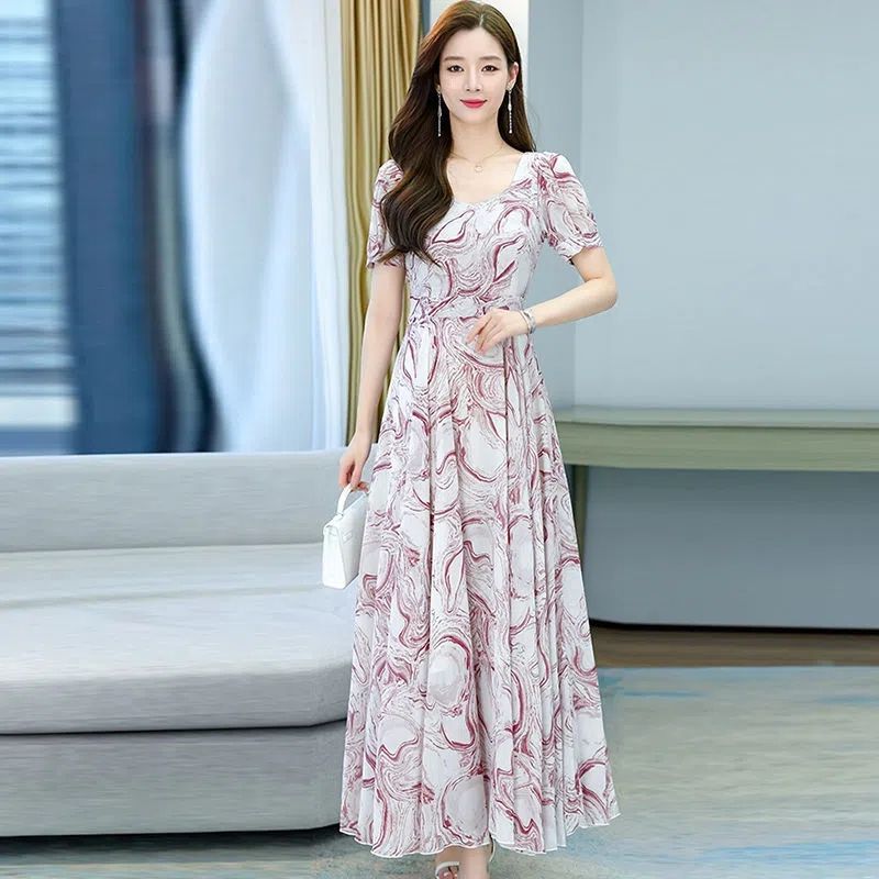 Floral Midi Dress Short Sleeve Square Neck Slimming A-Line