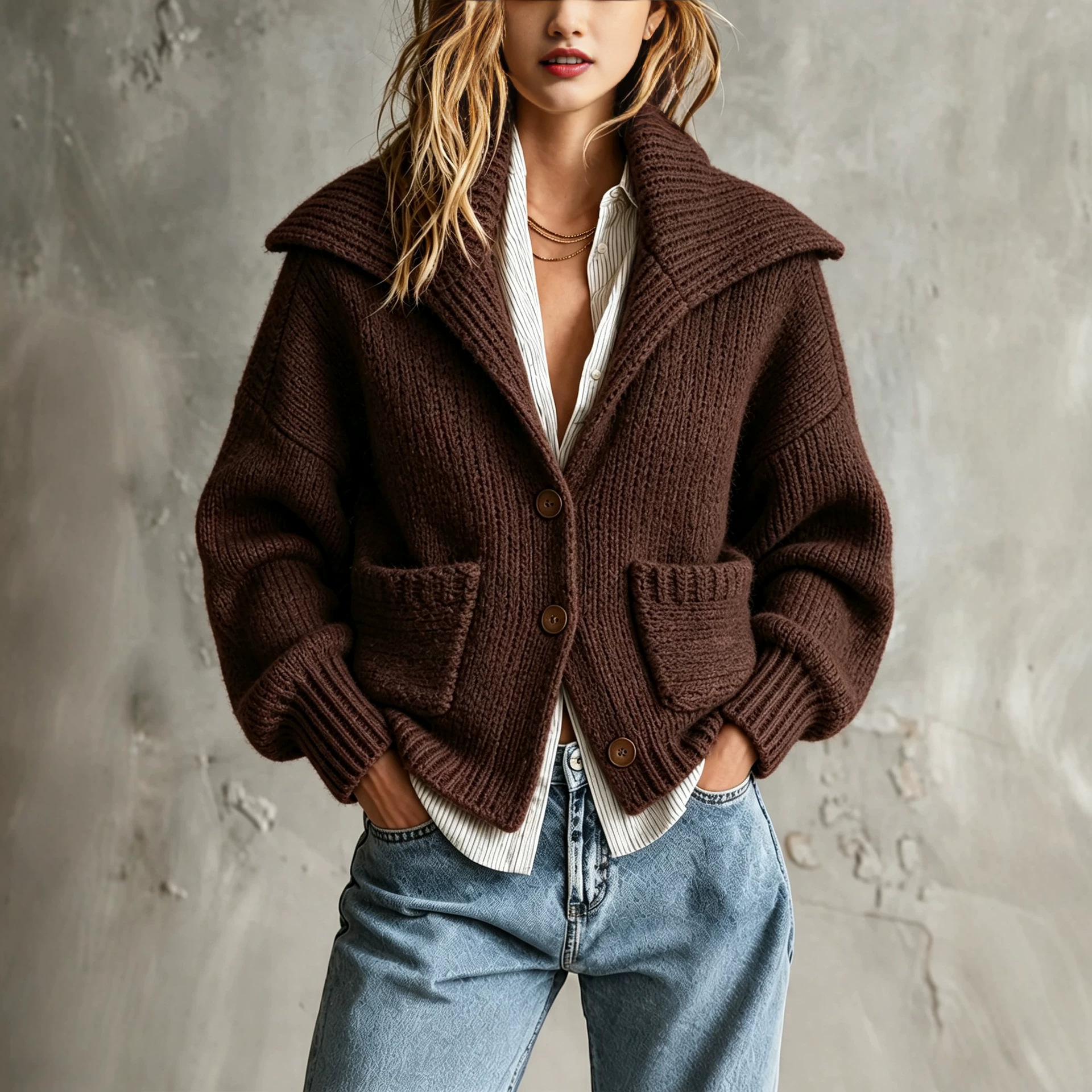 Women's Retro Cropped Knit Cardigan with Large Lapel Collar and Pockets