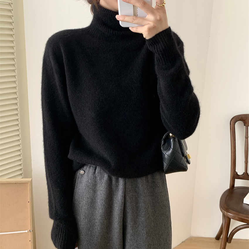 Women's Gray Turtleneck Thickened Sweater Lazy Style Solid Knit Pullover