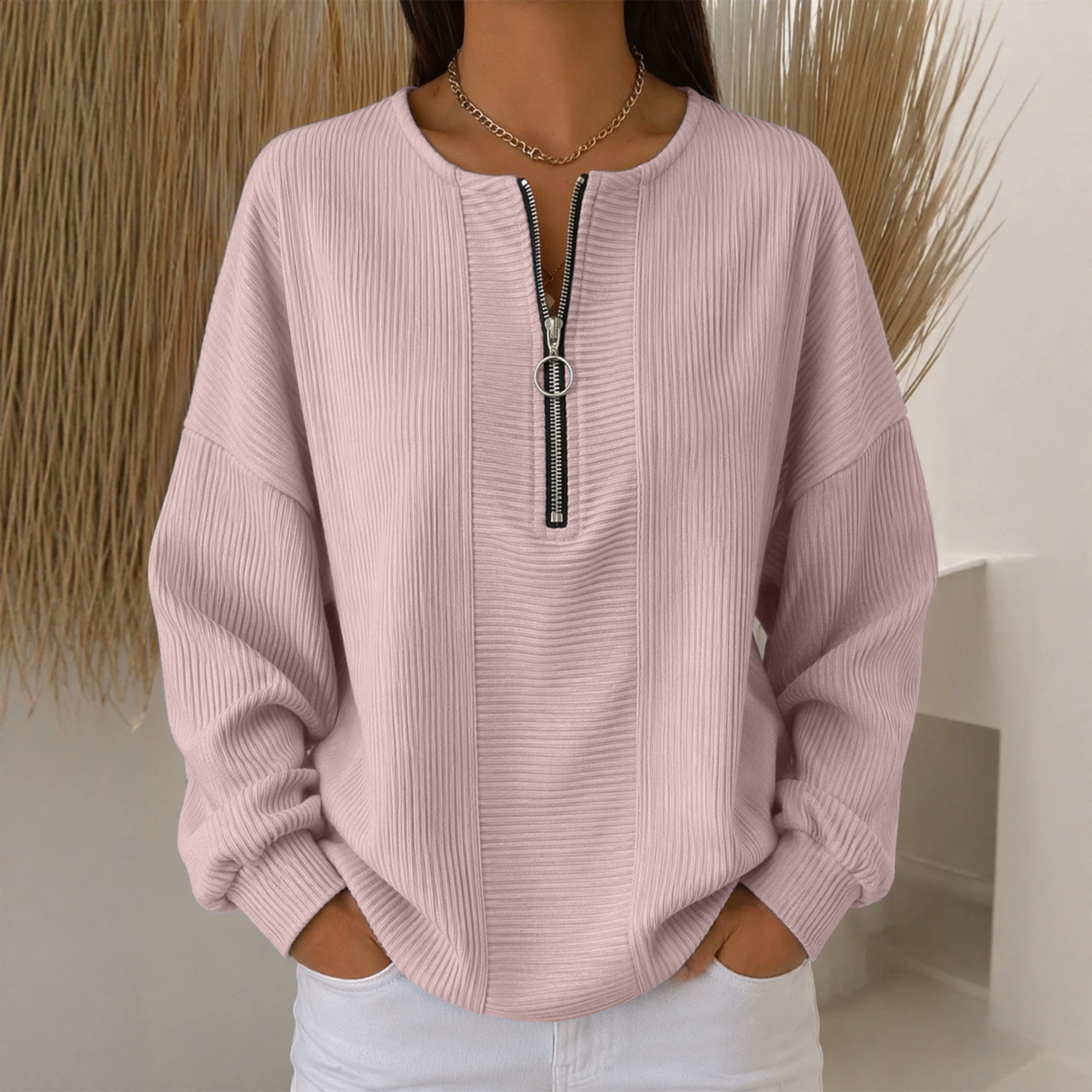 Snake-Textured Half-Zip Crewneck Loose Long-Sleeve Top for Women