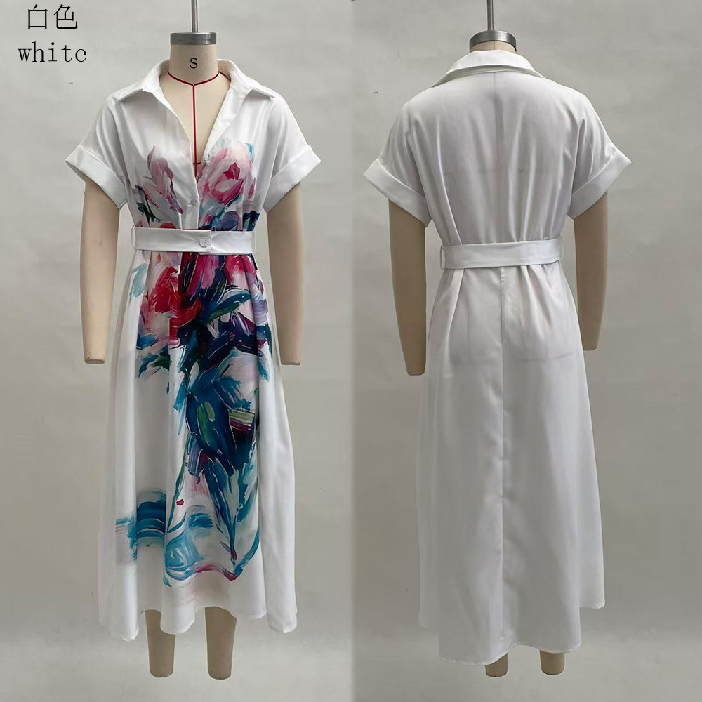 Women's Floral Print Long Shirt Dress Polo Collar A-Line Vacation