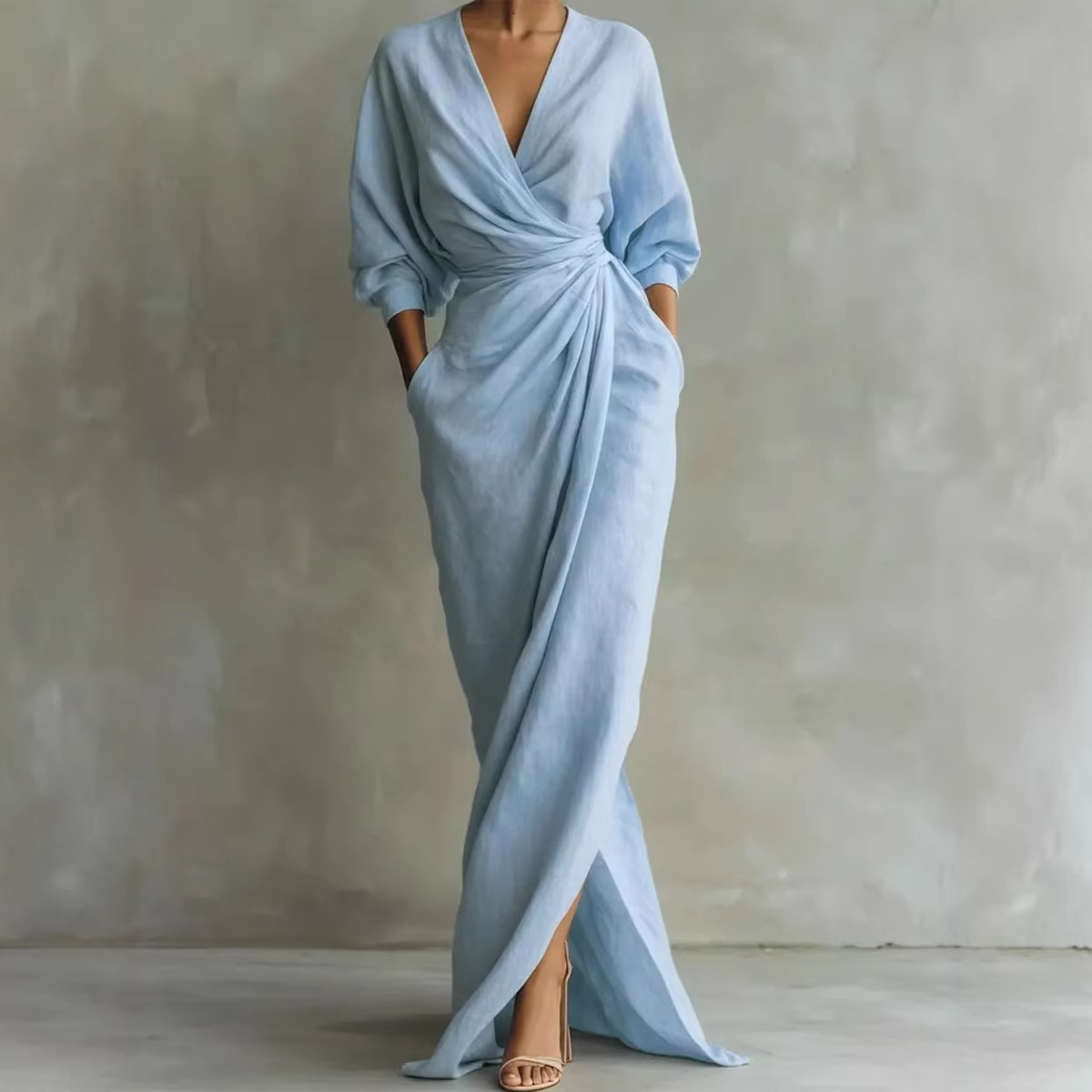 Elegant Solid V-Neck Long Sleeve Slit Waist Pocket Long Dress