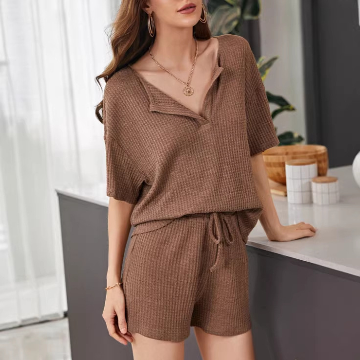 Women's Waffle Knit Short Sleeve Shorts Lounge Set Solid Color