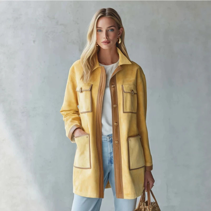 Women's Vintage Casual Mid-Length Yellow Jacket