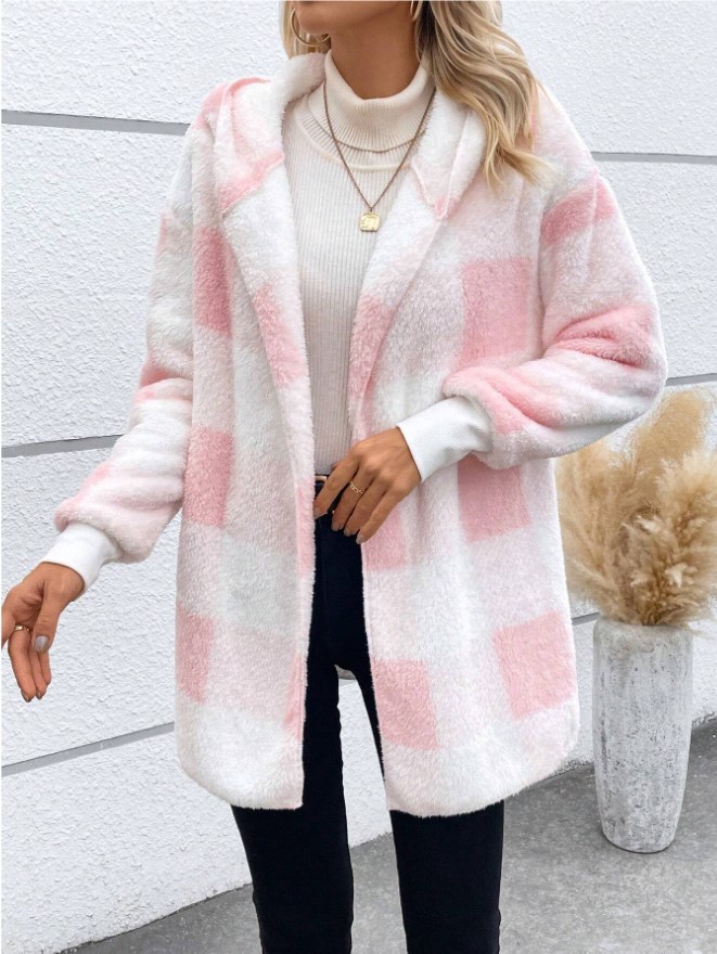 Women's Loose Plaid Fuzzy Cardigan Sweater