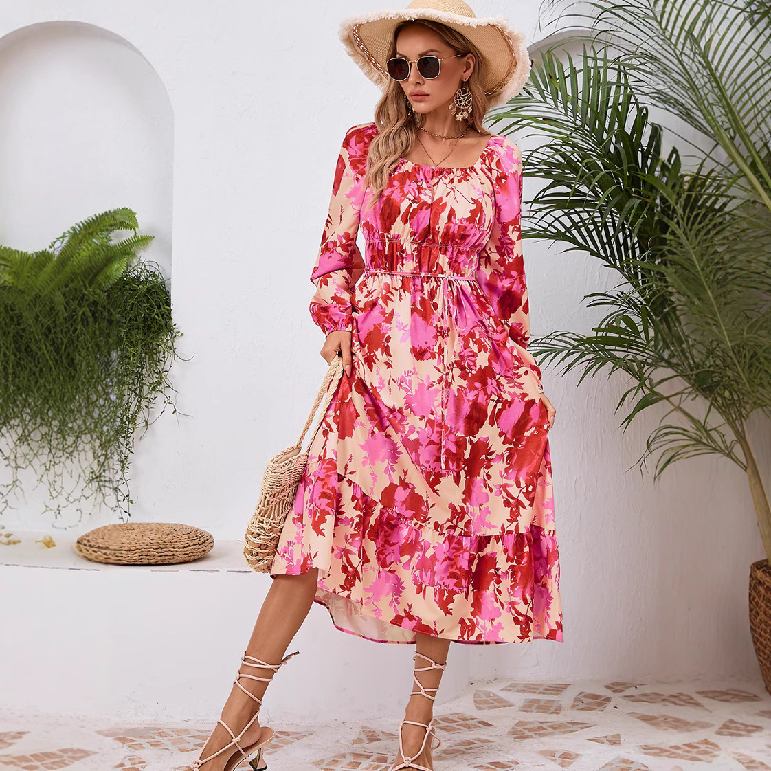 V-Neck Lantern Sleeve Floral Print Midi Dress