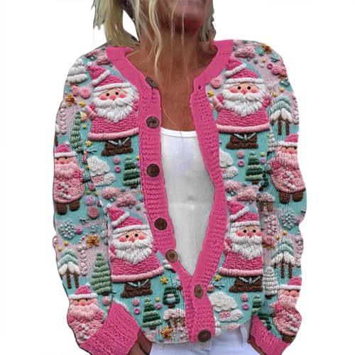 Women's Christmas Santa & Floral Print Button Cardigan Sweater