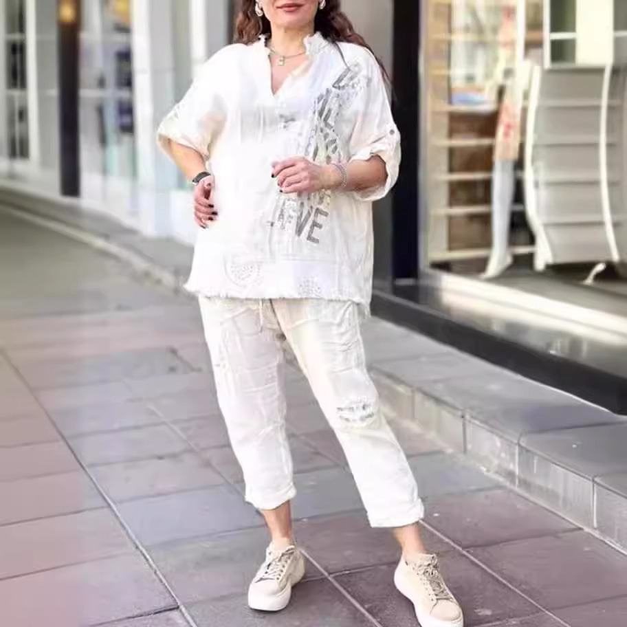 Letter Print Half-Sleeve Long Pants Loose Two-Piece Set