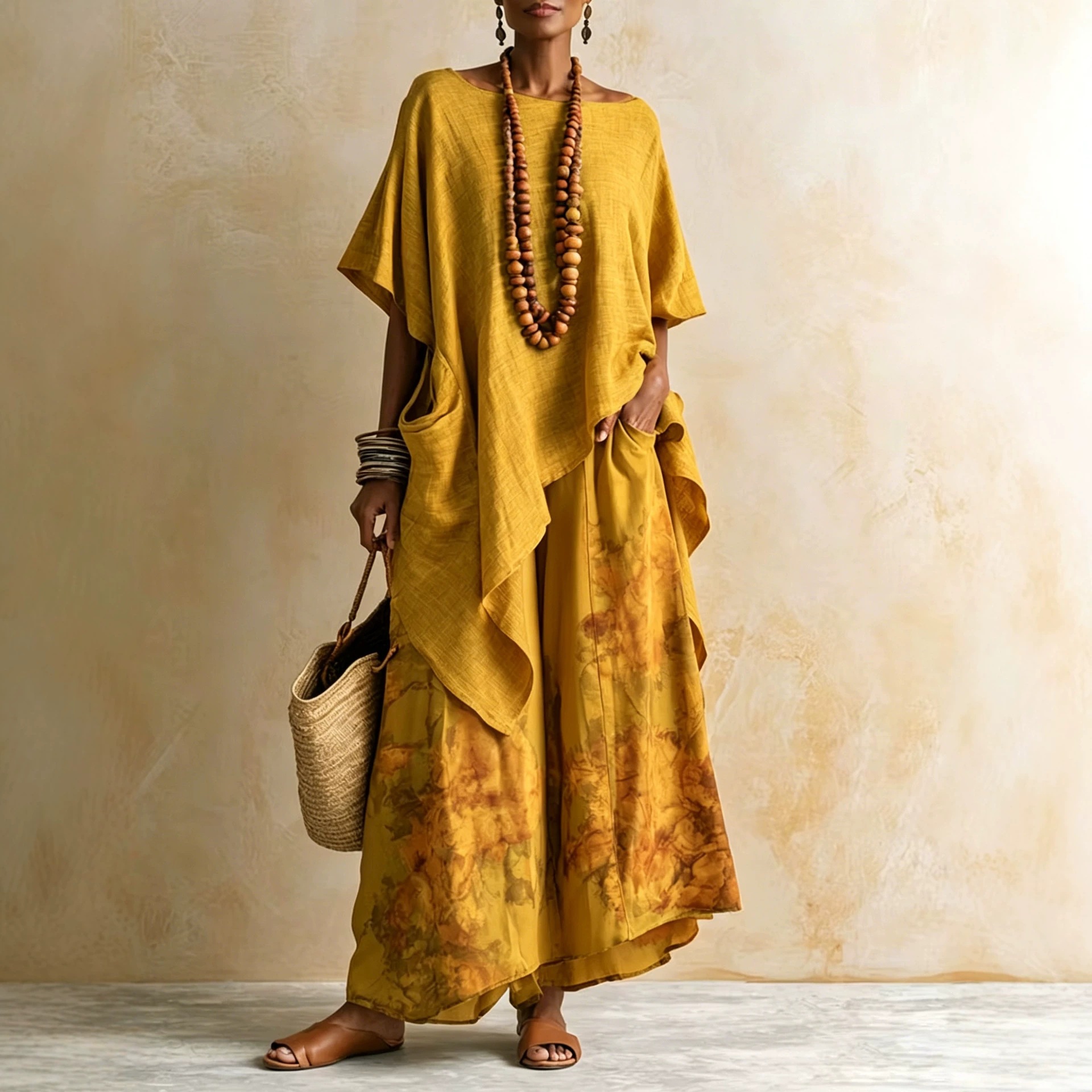 Women's Printed Linen Two-Piece Set with Loose Wide-Leg Pants