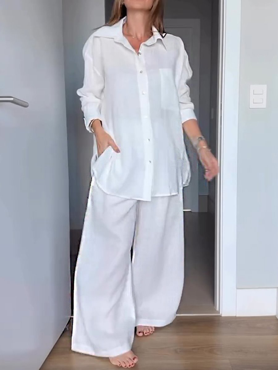 Women's Casual Linen-Blend Shirt and Pants Set with Colorblock Detail