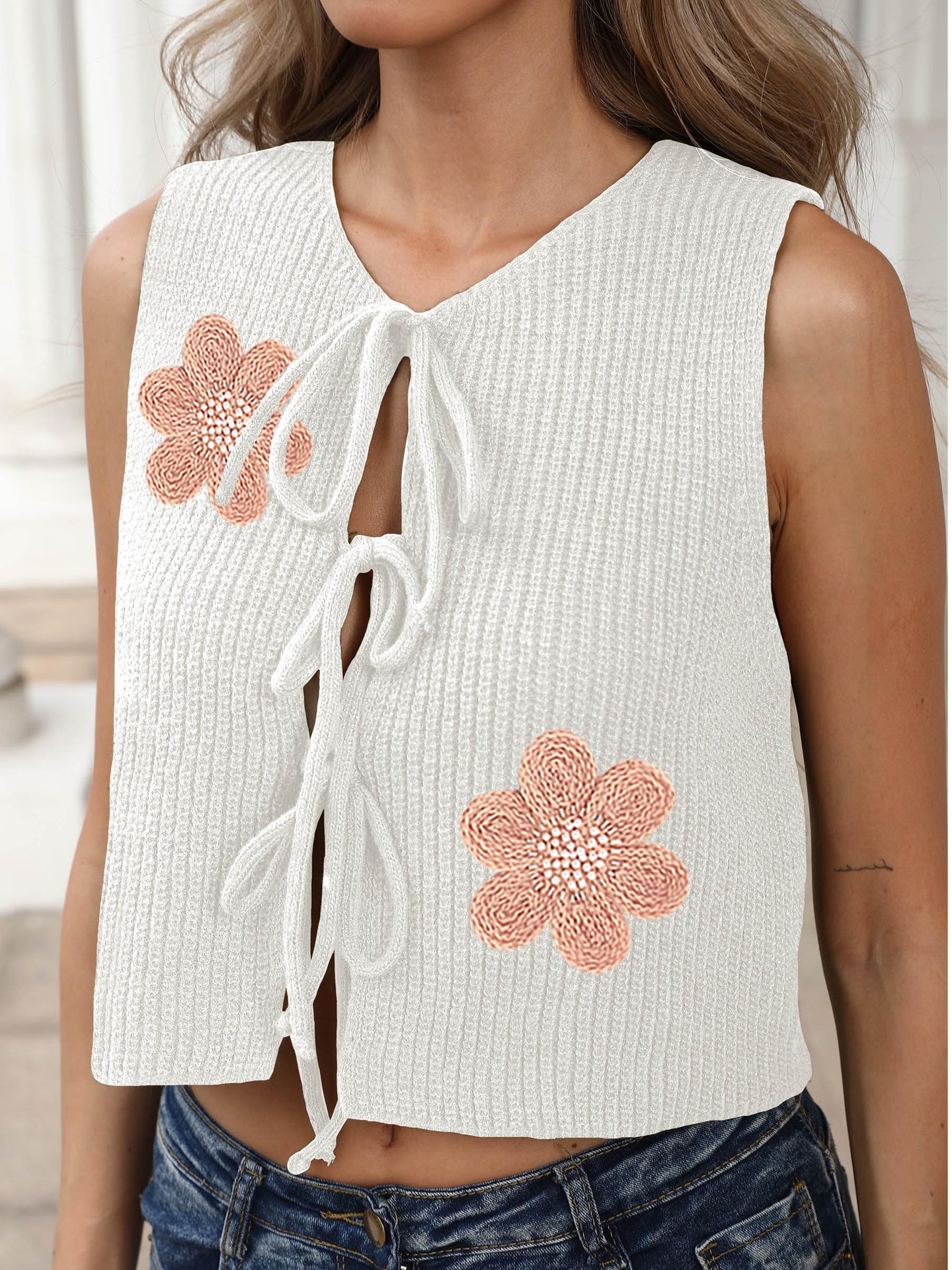 Women's Sleeveless Tie-Front Bow Embroidered Floral Knit Cardigan