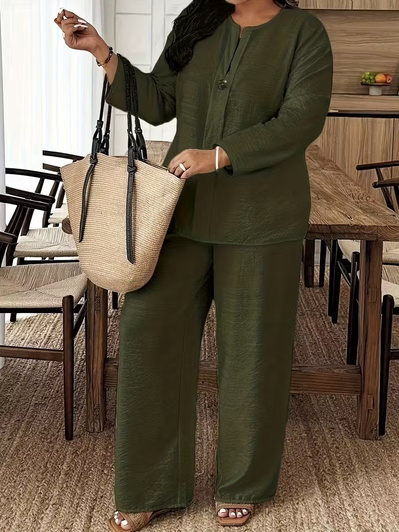 Women's Long Sleeve Cardigan & Wide-Leg Pants Two-Piece Set Solid Color Casual Elegant
