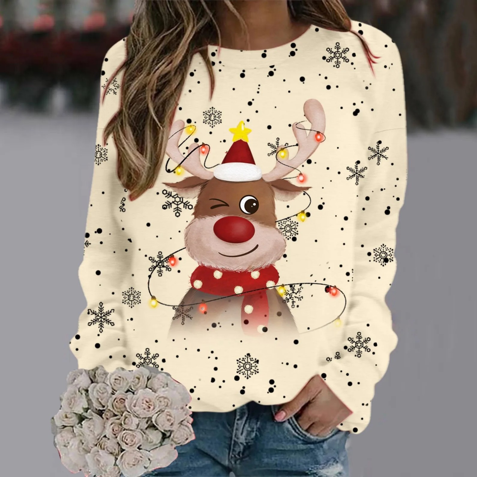 Women's Cartoon Christmas Reindeer Snowflake Print Crewneck Sweatshirt
