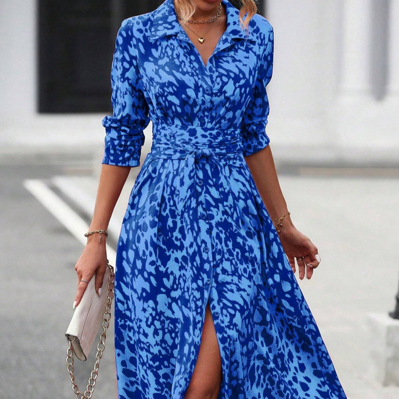 Printed Faux Suede Long Shirt Dress with Polo Collar
