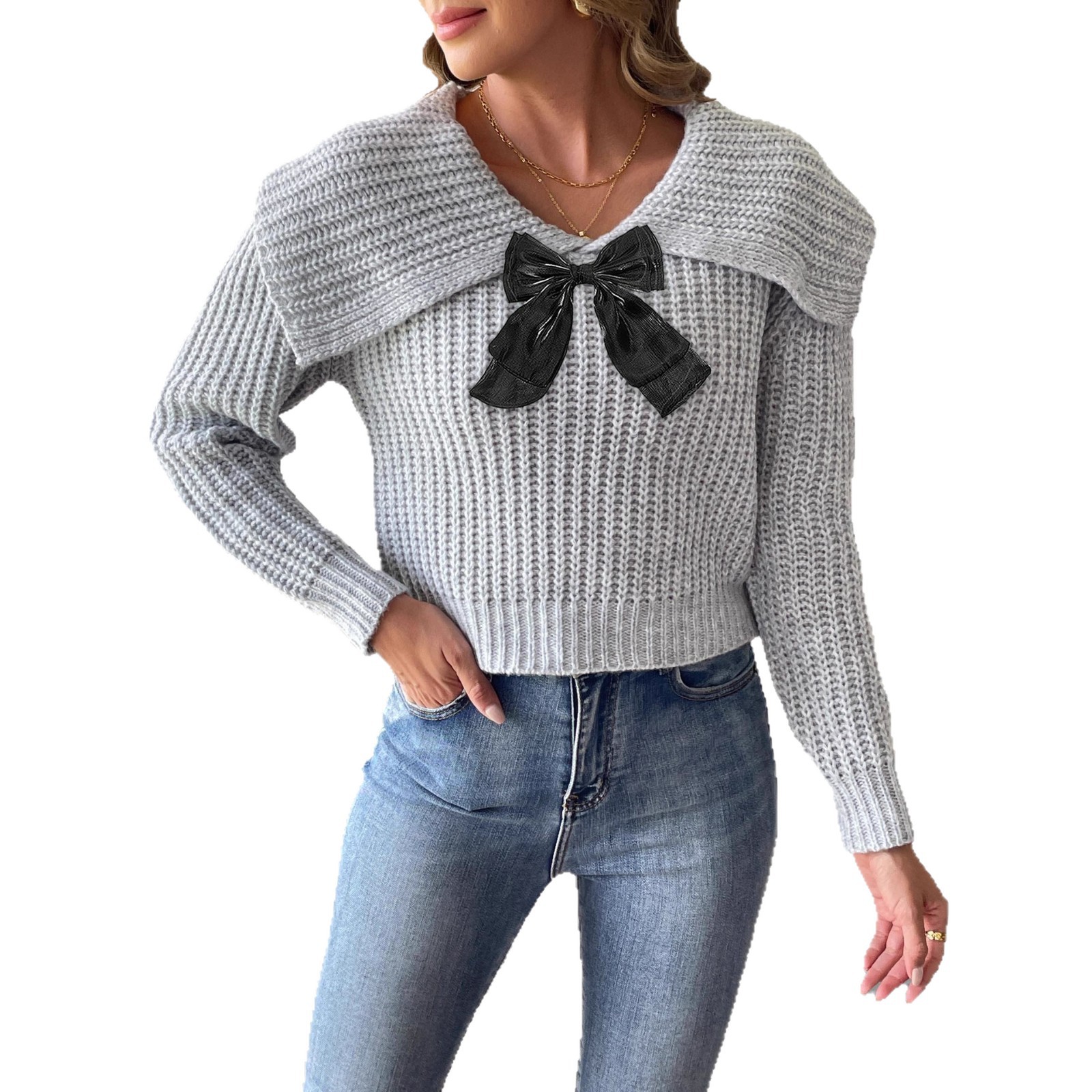 Women's Cropped Knit Sweater with Bow Detail and Oversized Collar