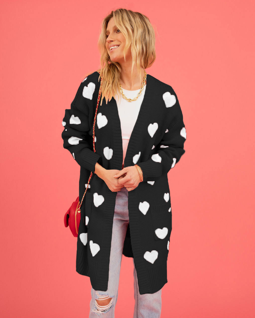 Heart Jacquard V-Neck Midi Cardigan Sweater Coat with Pockets