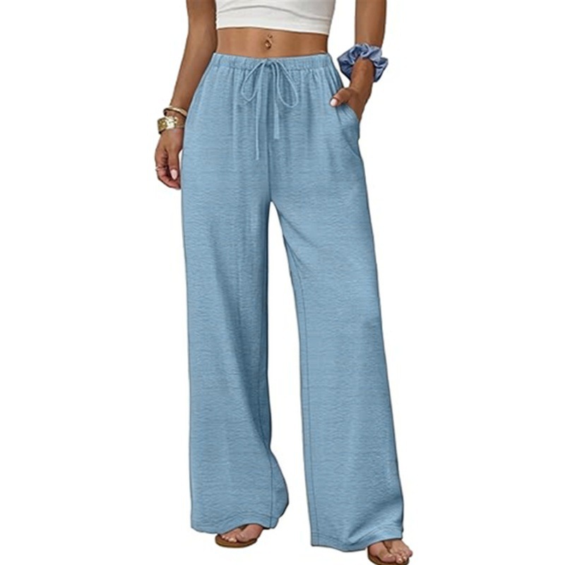 Women's Solid Color Elastic Waist Wide-Leg Beach Pants with Pockets