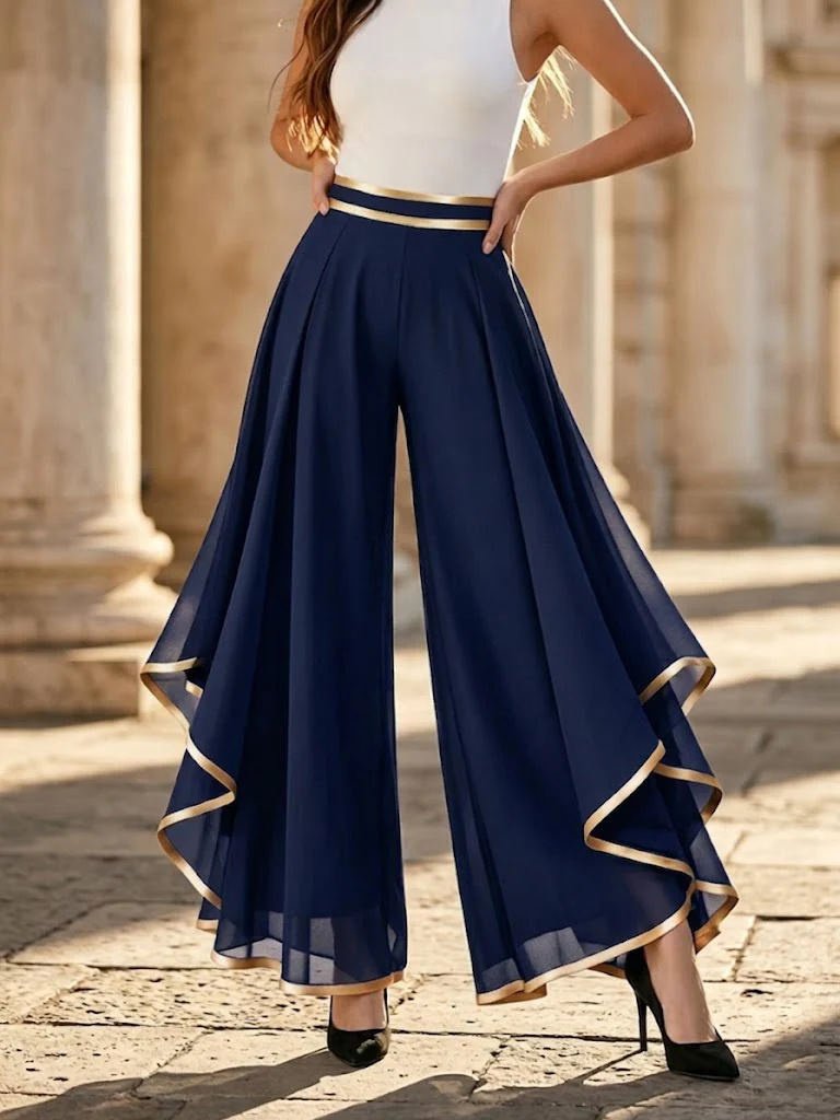 Women's High-Waist Wide-Leg Chiffon Pants with Contrast Piping