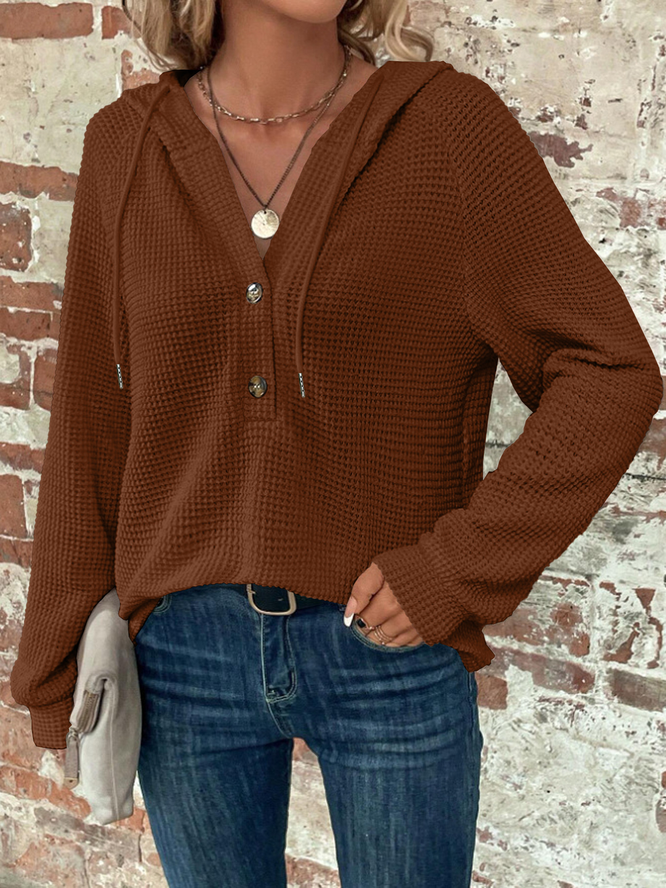 Women's Solid Color Long Sleeve V-Neck Hooded Button Sweatshirt