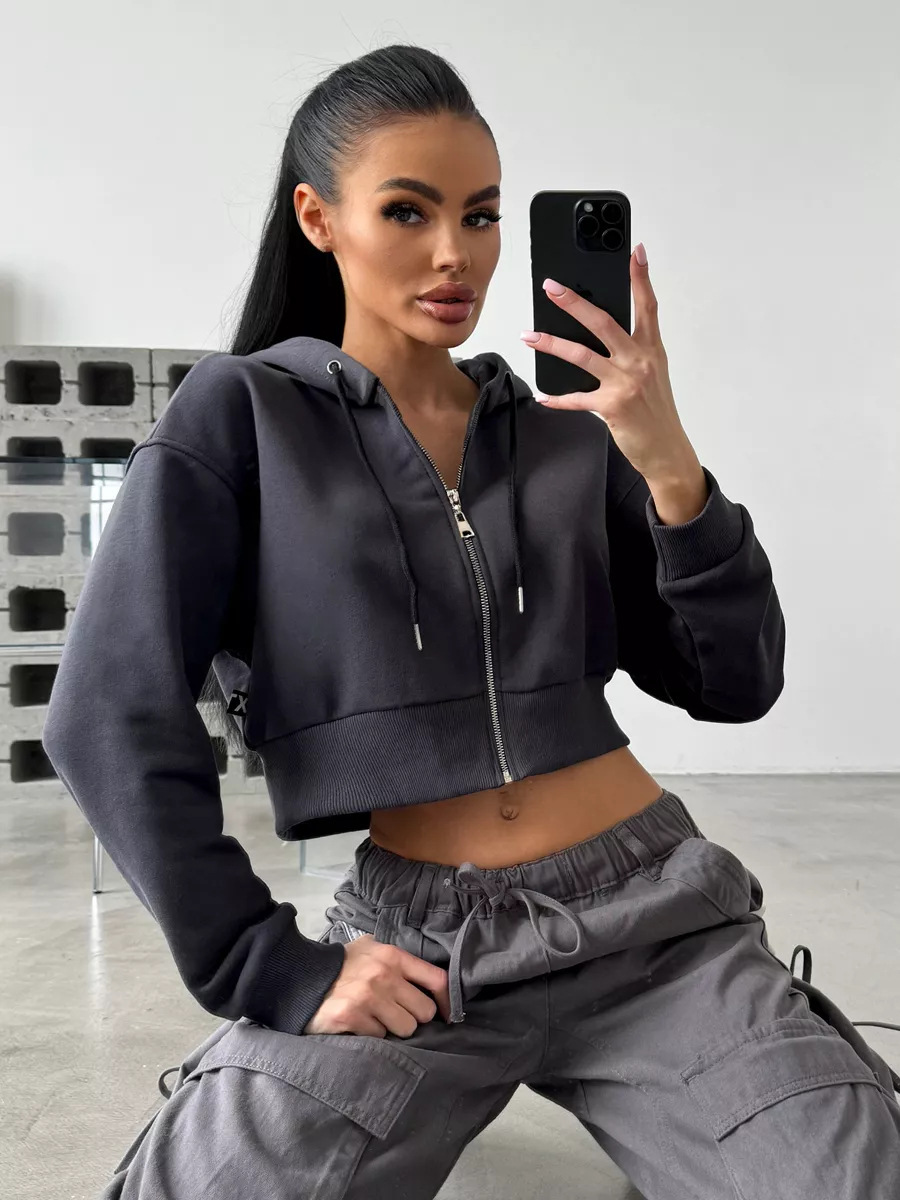 Women's Long Sleeve Hooded Zip-Up Cropped Fleece Sweatshirt