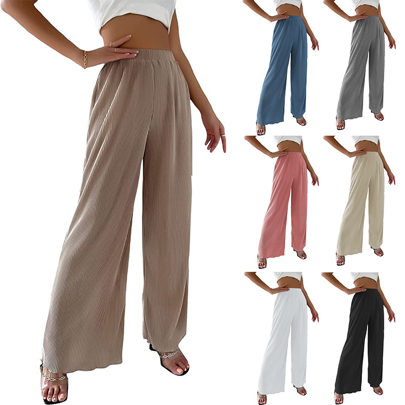Women's Solid Pleated Wide-Leg Pants Casual High Waist