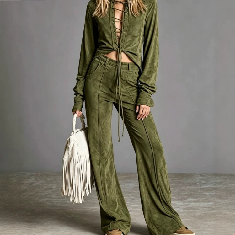 Women's Western Style Suede Cardigan and Pants Set