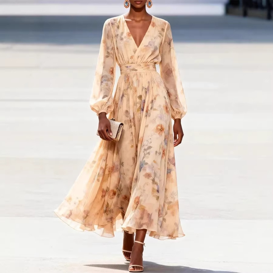 Floral Print V-Neck Waist-Cinched Midi Chiffon Dress with Lantern Sleeves