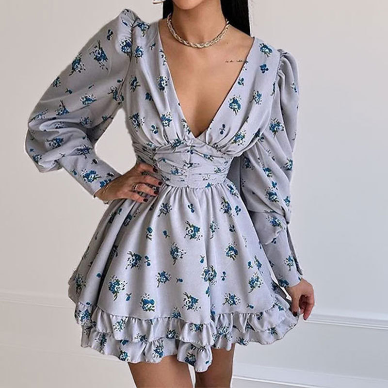 Elegant French Vacation Floral Ruffle Dress