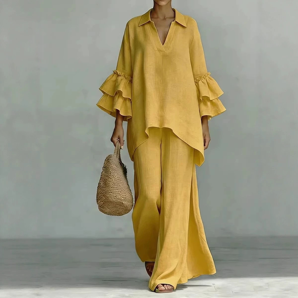 Women's Casual Solid Color Shirt Collar Loose Two-Piece Set