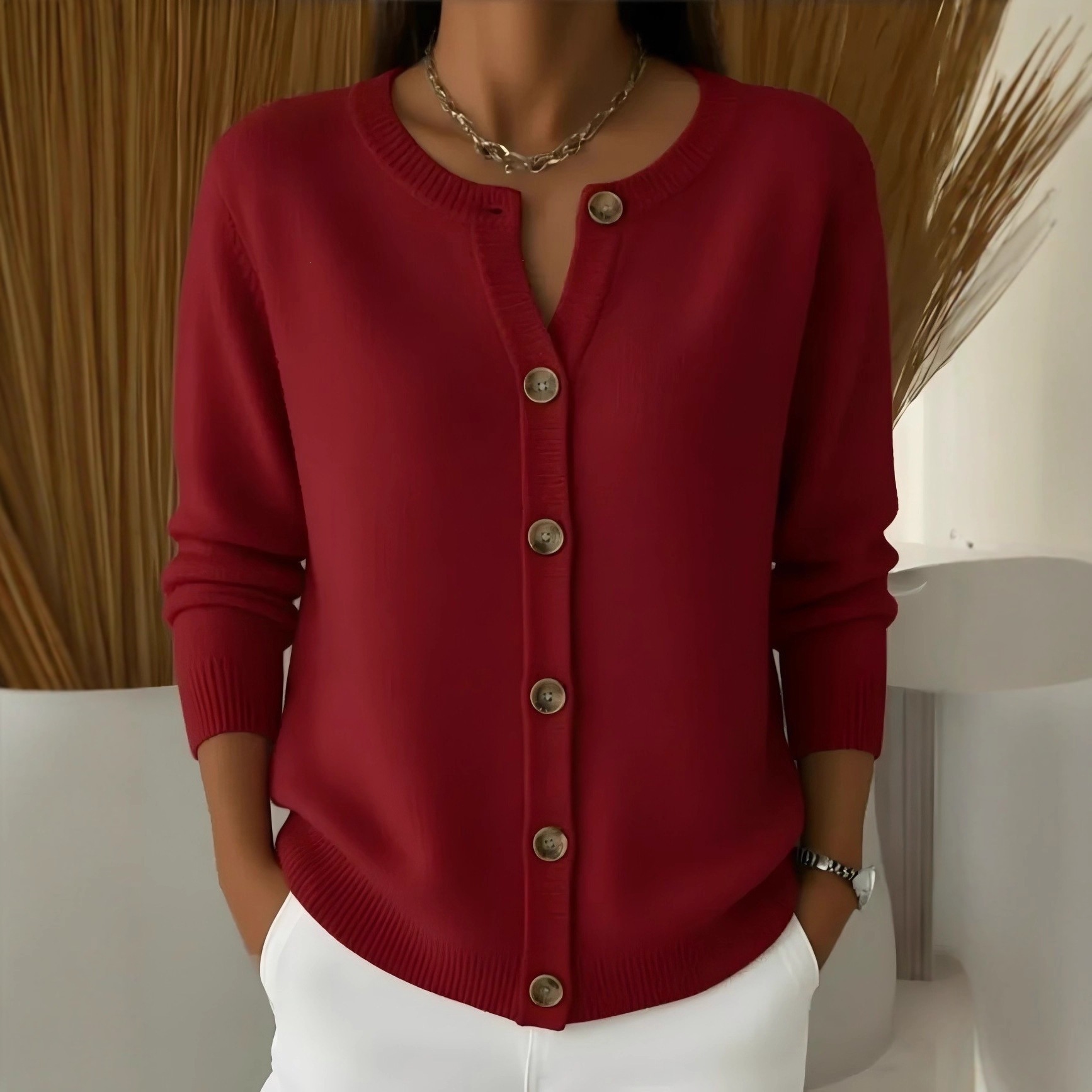 Women's Button-Up Knit Cardigan Crewneck Loose Fit Solid Color