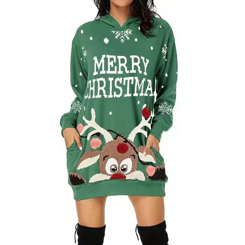 Christmas Print Hooded Sweatshirt Dress with Pockets