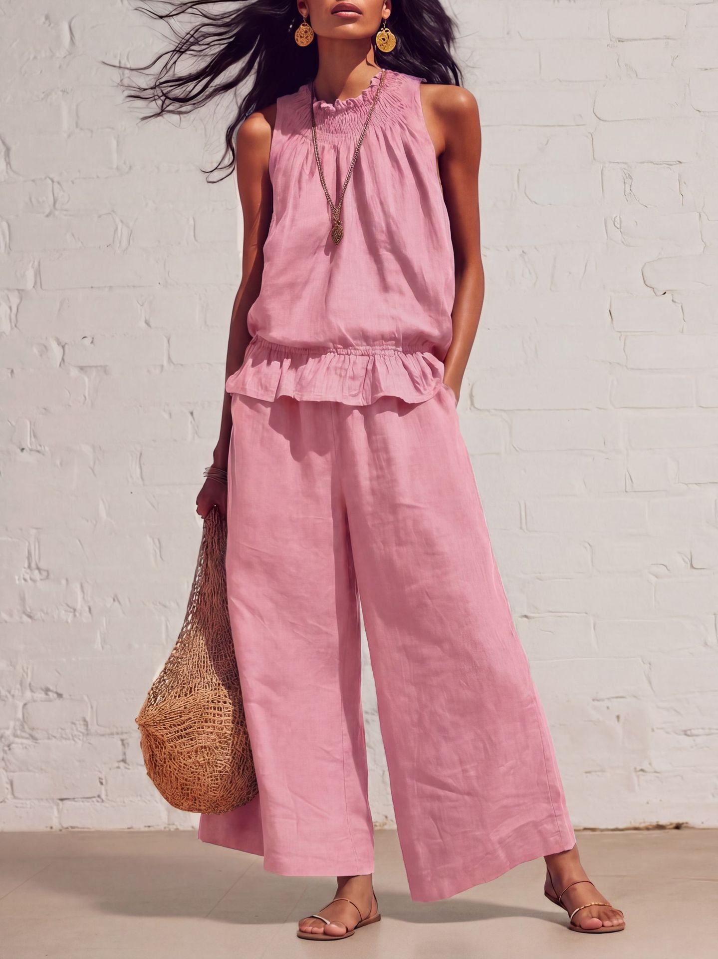 Women's Boho Ruffle Two-Piece Set Sleeveless Shirt and Wide-Leg Pants