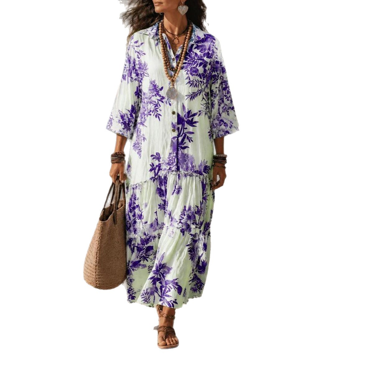 Women's Boho Floral Print Long Sleeve Collared Shirt Dress