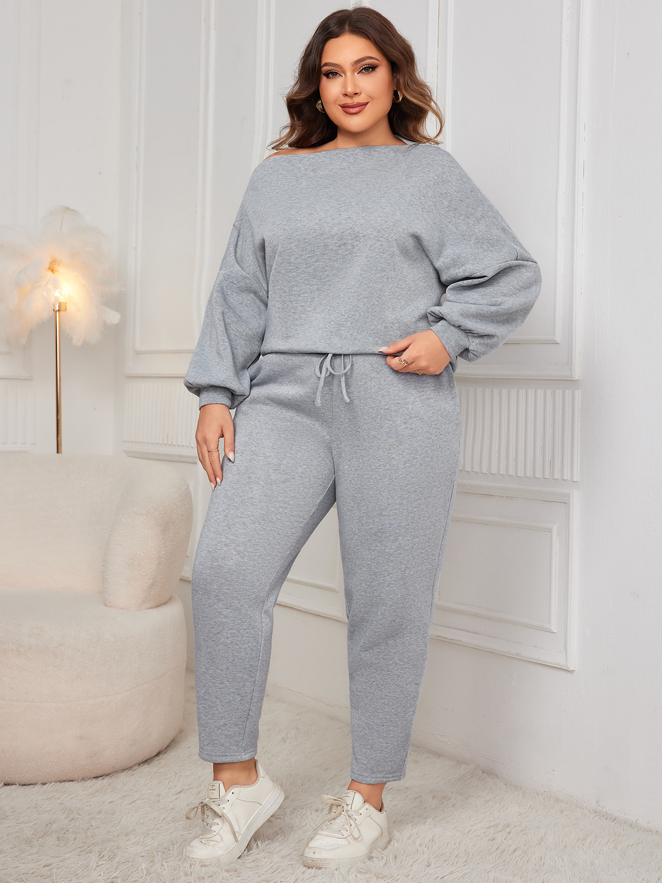 Women's Off-Shoulder Long Sleeve Top and Pants Set Plus Size Casual