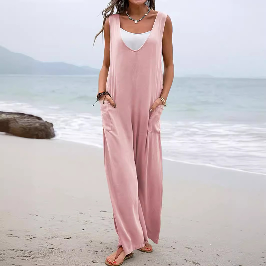 Women's Solid Color V-Neck Sleeveless Jumpsuit with Pockets