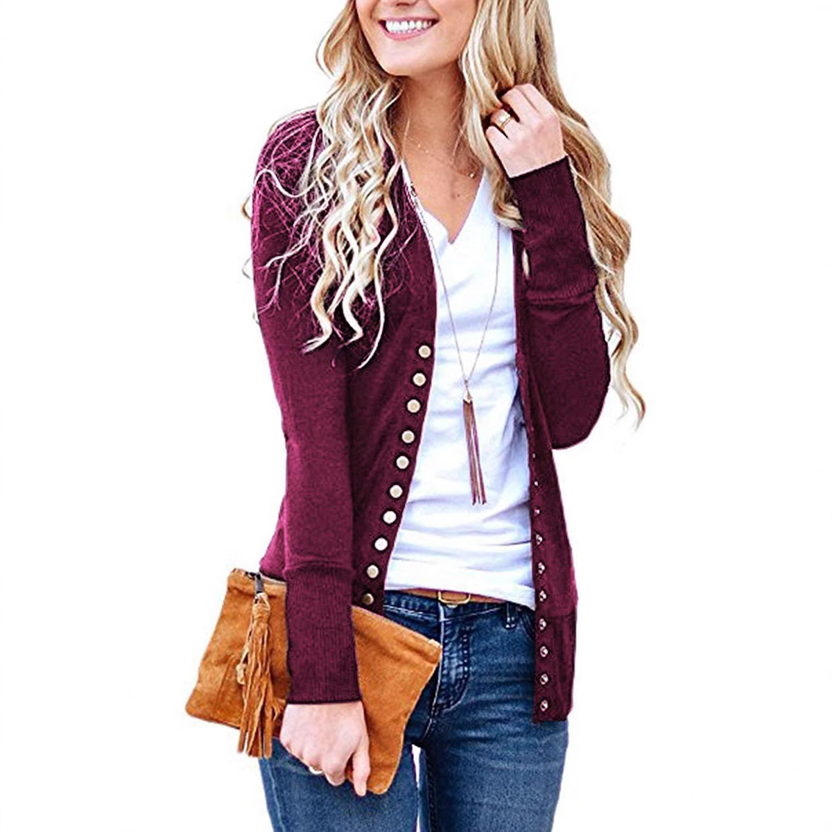 Women's Short Solid V-Neck Long-Sleeve Button Cardigan