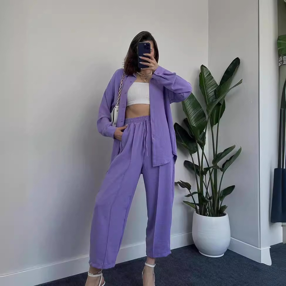Women's Casual Two-Piece Set with Loose Collared Shirt and Tie-Waist Pants