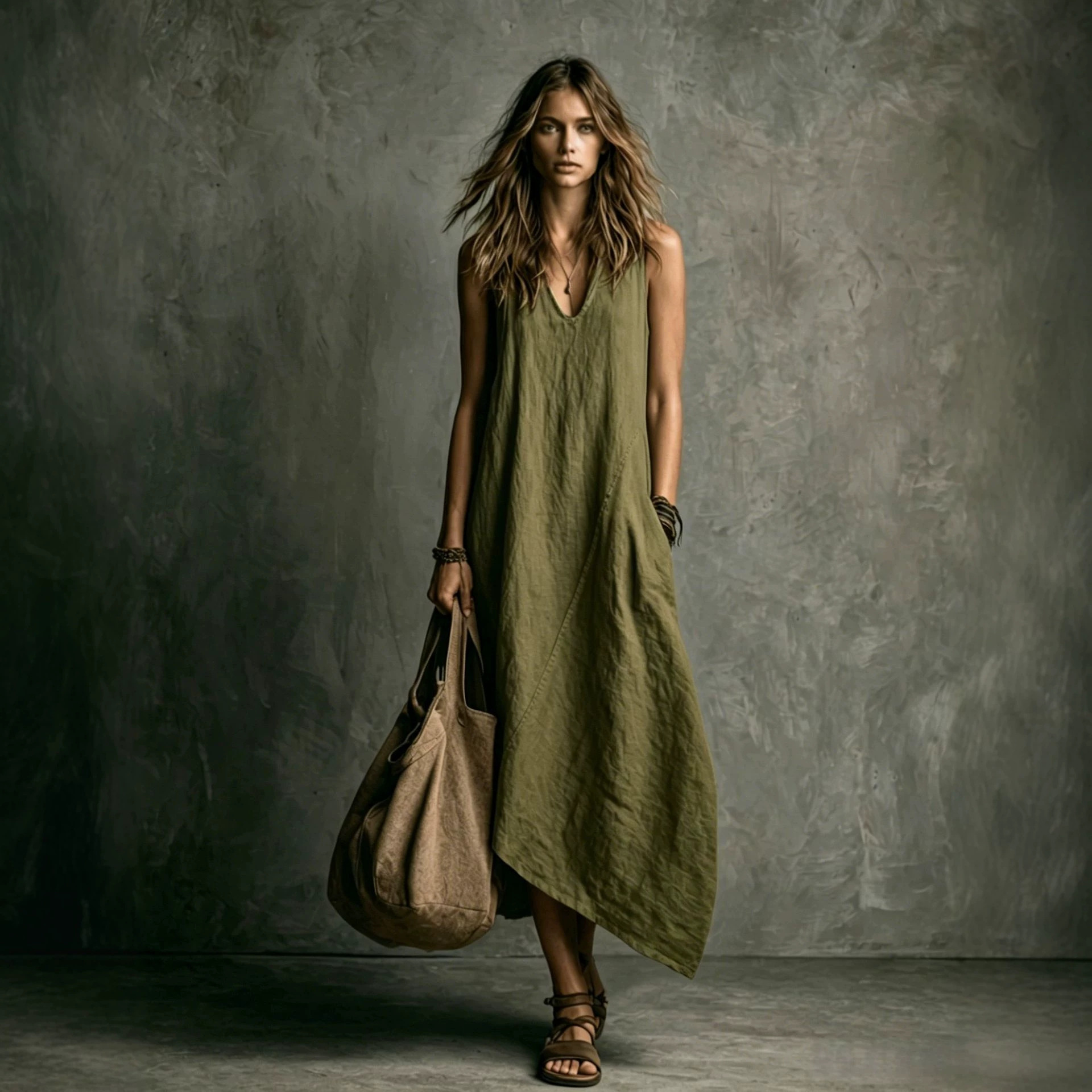 Sleeveless Colorblock Midi Dress with Pockets Linen Blend Vacation Casual