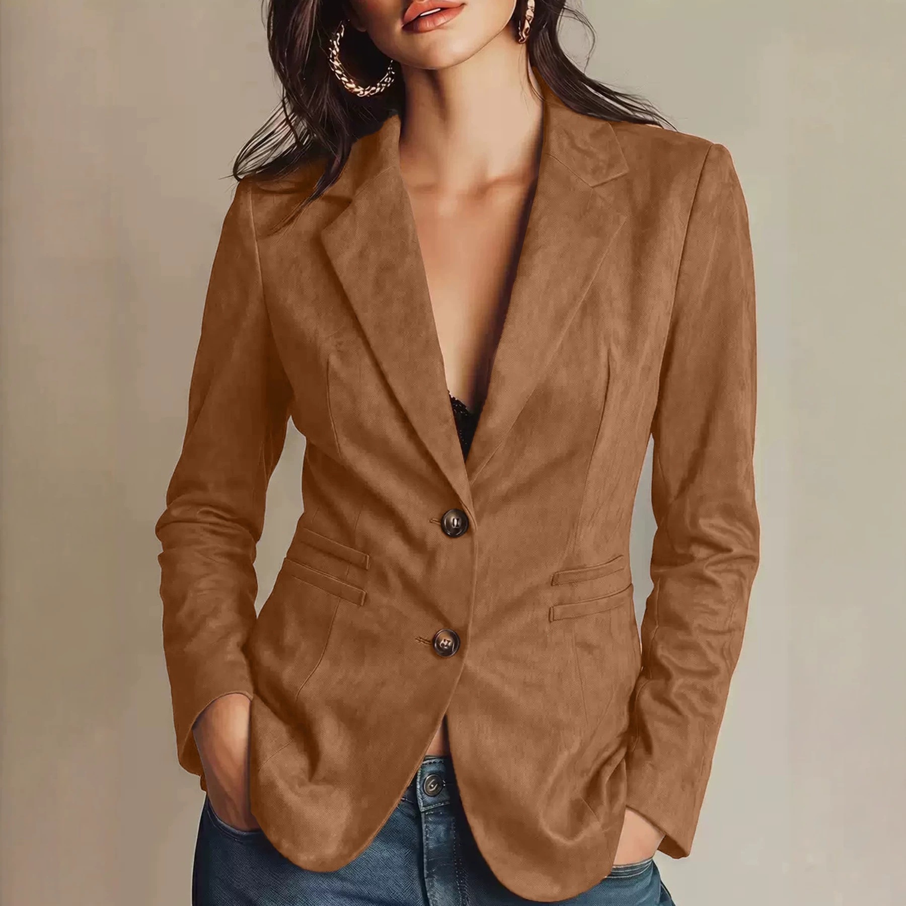 Women's Faux Suede Single-Breasted Jacket Elegant Vintage Blazer Coat