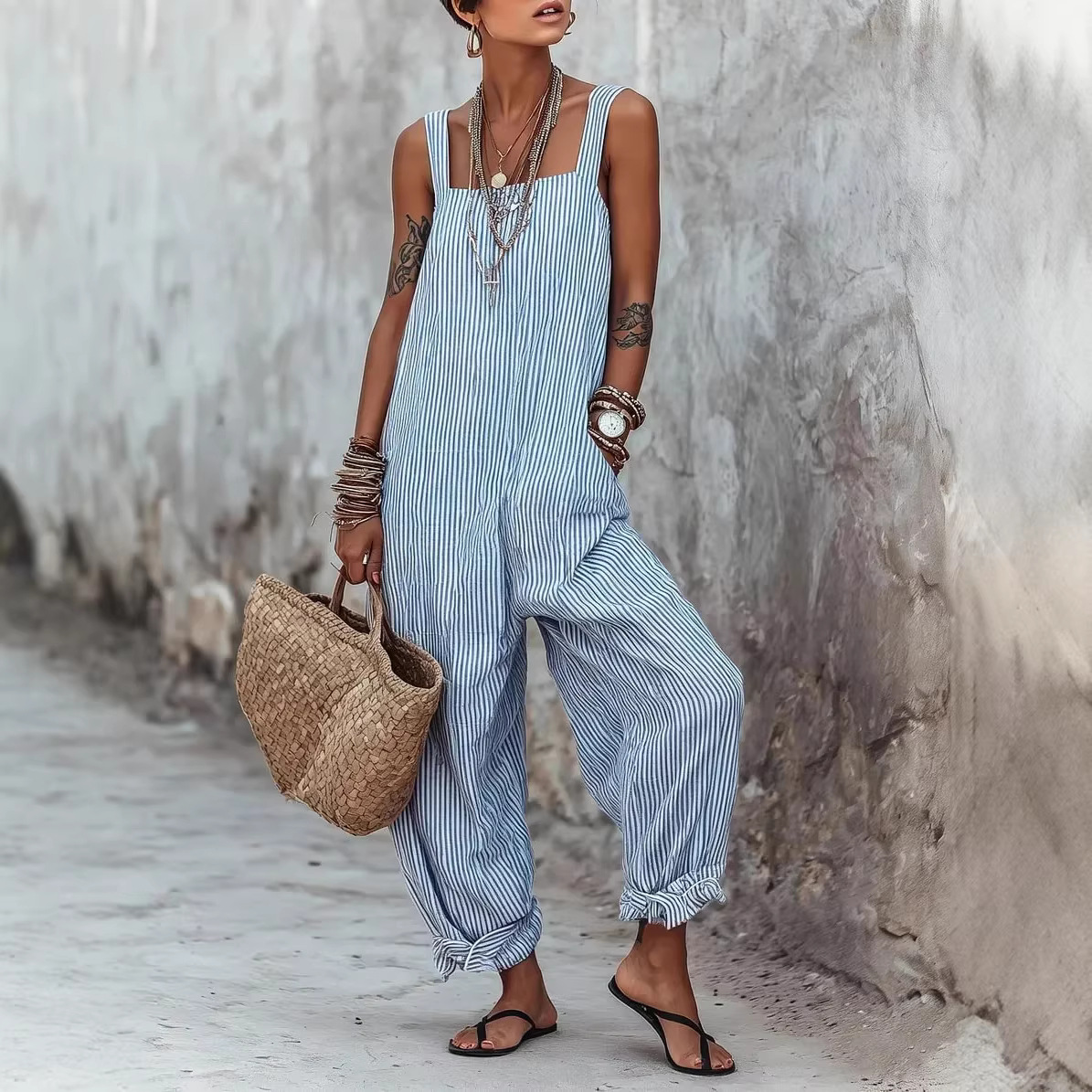 Women's Sleeveless Striped Print Loose Casual Jumpsuit