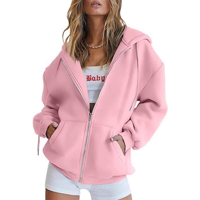 Women's Minimalist Solid Print Zip-Up Hoodie