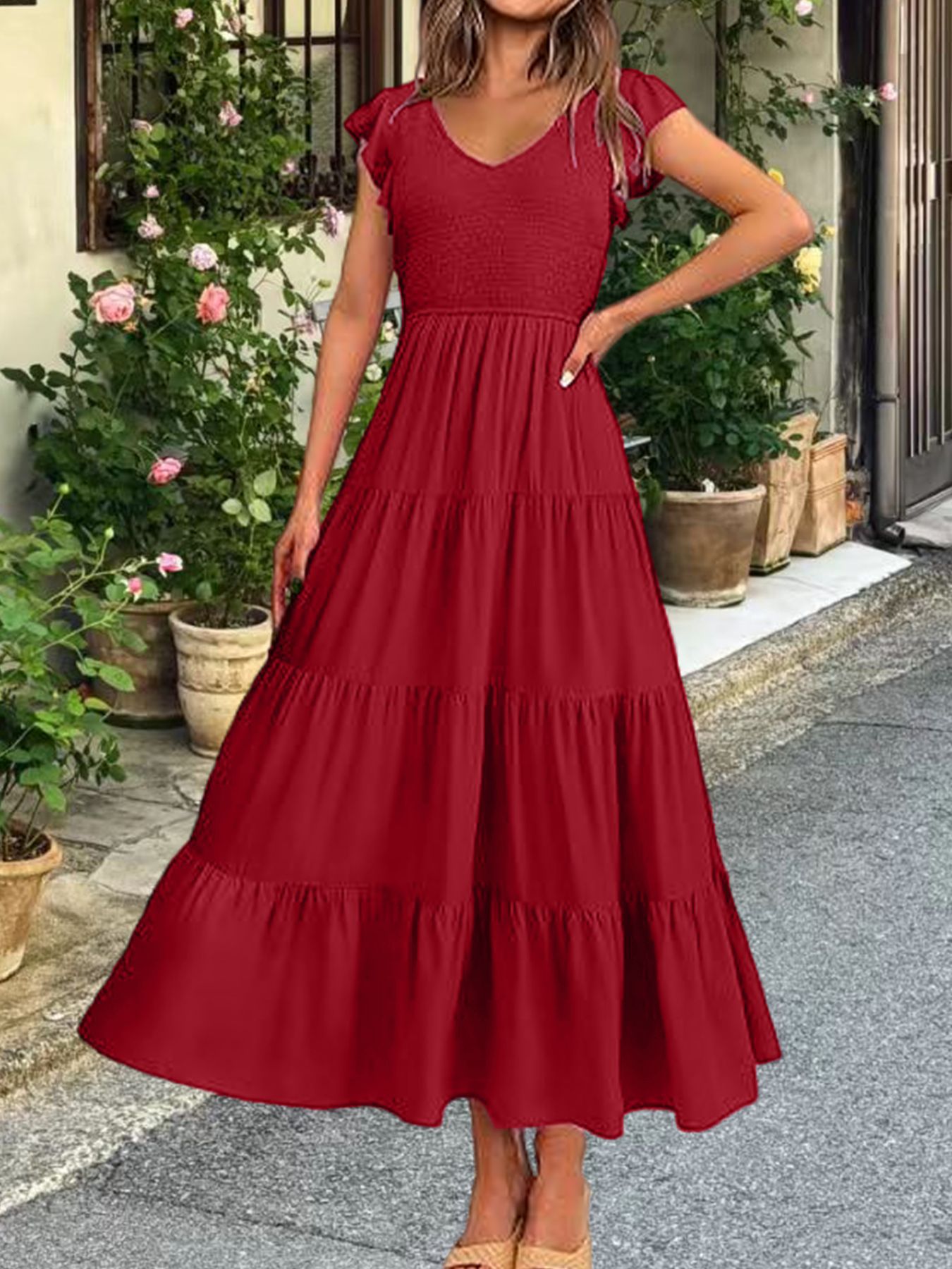 Women's Ruffle Sleeve Smocked A-Line Maxi Dress
