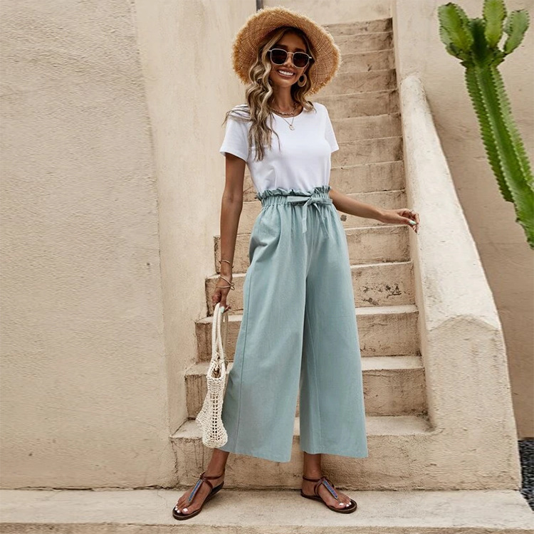 Women's Summer Cotton-Linen Wide-Leg Cropped Pants with Belt