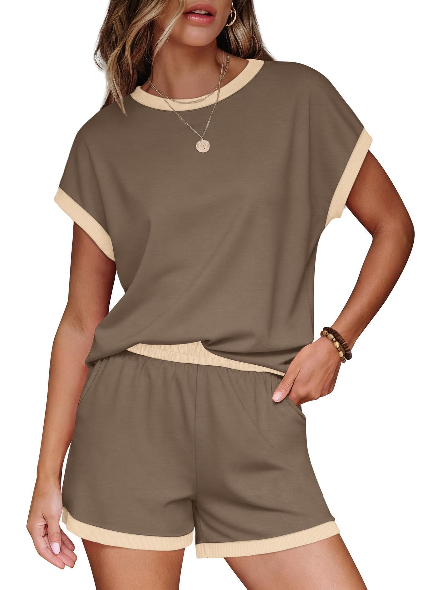 Women's Color-Block Striped Short-Sleeve Tee & Shorts Two-Piece Set